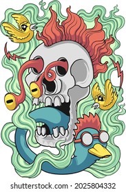 skull head and wild birds