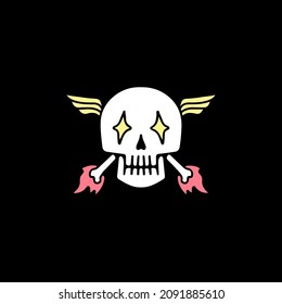 Skull head with wings and bone on fire. illustration for t shirt, poster, logo, sticker, or apparel merchandise.