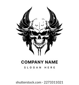 skull head with wings hand drawn black and white illustration 