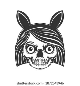 skull head of woman with bunny ears.