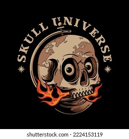 skull head world globe with quotes cartoon illustration for tshirt and poster design