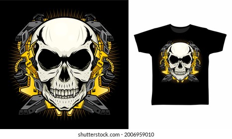 Skull head with yellow armor illustration t-shirt design concept.