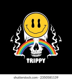 Skull Head With A Yellow happy face Symbol and a smoking rainbow. Fire Rainbow. Weed. Cannabis. Skull. Head. Trippy. High. Smoking. Drug Skull Bones vector