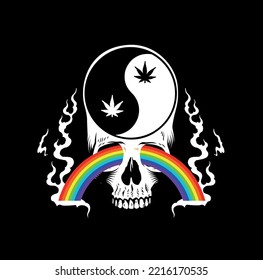 Skull Head With A Yin Yang Cannabis Symbol And A Smoking Rainbow. Fire Rainbow. Weed. Cannabis. Skull. Head. Trippy. High. Smoking. Drug Skull Bones Free Vector