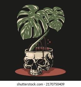 skull headdesign with monstera plant