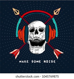 Skull in headphones against the background of arrows. Can be used for printing on T-shirts, flyers, etc. Vector illustration