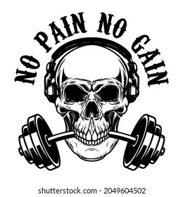 Skull with headphones and barbell in teeth. Vector illustration
