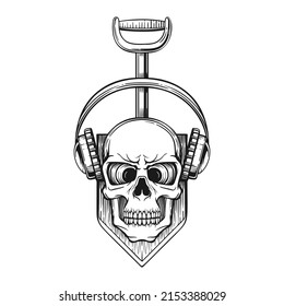 Skull in headphones behind him sapper shovel, sketch logo