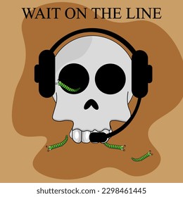 Calavera con audífonos. Operador del centro de llamadas. Ilustración vectorial. La eterna expectativa de una respuesta.