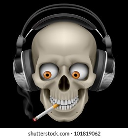 Skull with headphones with a cigarette. Illustration on black background