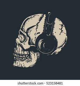 Skull with headphones. Dead head.