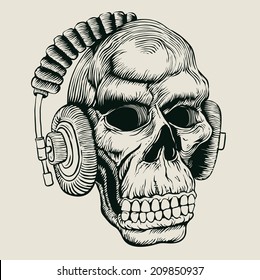  skull in headphones. drawing style. vector illustration 