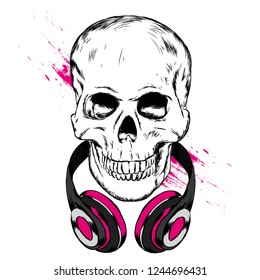 Skull in headphones and glasses. Vector illustration for greeting card or poster, print on clothes.