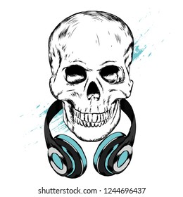 Skull in headphones and glasses. Vector illustration for greeting card or poster, print on clothes.