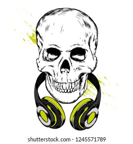 Skull in headphones and glasses. Vector illustration for greeting card or poster, print on clothes.