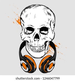 Skull in headphones and glasses. Vector illustration for greeting card or poster, print on clothes.