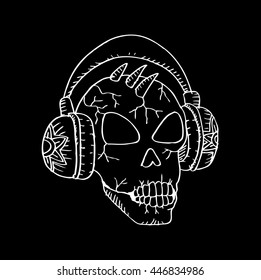 Skull with  headphones. Hand drawing illustration.