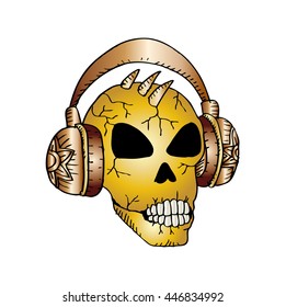 Skull with  headphones. Hand drawing illustration.