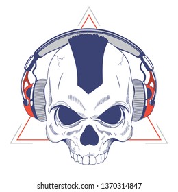 Skull in headphones hardrock rock music illustration
