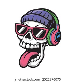 skull in headphones and a hat with its tongue sticking out.vector illustration