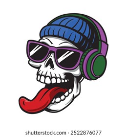 skull in headphones and a hat with its tongue sticking out.vector illustration