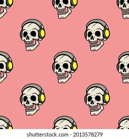 SKULL WITH HEADPHONES ICON SEAMLESS PATTERN COLOR BACKGROUND