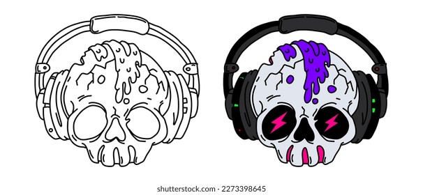Skull in headphones illustration. Listen to loud music with headphones. Cartoon skull in gothic style vector illustration isolated on white background.