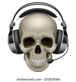  Skull with headphones. Illustration on white background