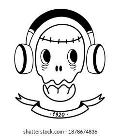 skull in headphones with the inscription 1920. in the style of old cartoons.
