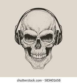 skull in headphones listen a music.Street style vector label.Prints design for t-shirts or tattoo