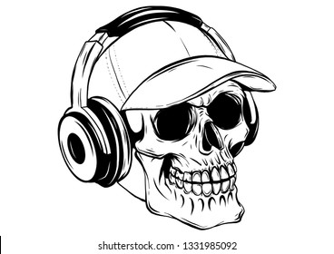 skull with headphones listening to music drawing