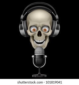 Skull with headphones with microphone. Illustration on black background