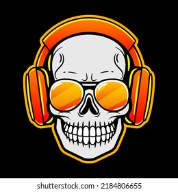 Skull in a headphones on a black background. Vector illustration.