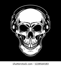 Skull in headphones on dark background. Design element for poster, card, emblem, sign.Vector illustration
