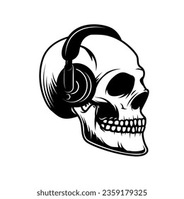 Skull in headphones. It's party time! Design element in vector.