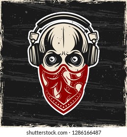Skull in headphones and red bandana on face vector colored illustration with grunge textures