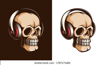 Skull with headphones retro illustration. Skeleton DJ vintage vector print style.