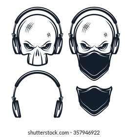 Skull in headphones. Set of design elements for prints, posters. Vector vintage illustration. Monochrome graphic.