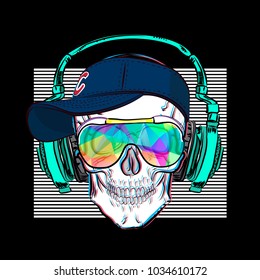 Skull in headphones with a smile. Vector drawing.