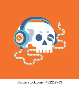 Skull with headphones as snake. Vector illustration.