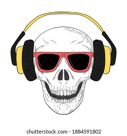 Skull with headphones and sunglasses. Vector illustration. Isolated object on white. Hand-drawn style.