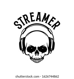 Skull in headphones t-shirt design. Streamer text phrase quotation. Vector vintage illustration.