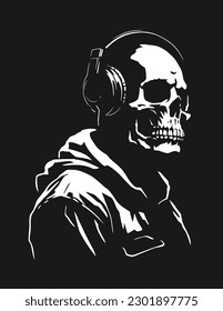 Skull in headphones. T-shirt print design on a black background.