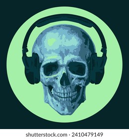 Skull In Headphones Vector Art. Creative Coll Illustration. Unique Style. Retro Vibes.