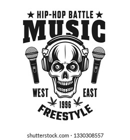 Skull in headphones vector hip-hop music emblem, badge, label or logo in vintage monochrome style isolated on white background