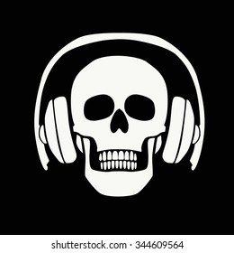Skull with headphones vector icon . My apartment is a symbol , black & white