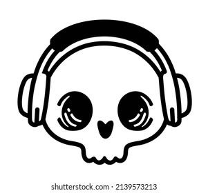 Skull with headphones vector illustration. Cut Head of character in headphones. Design element for poster, emblem, sign, t shirt. Sound technology concept for online games topic or tattoo template