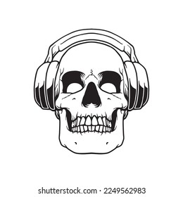 Skull with Headphones Vector Illustration. Design element for shirt design, logo, sign, poster, banner, card