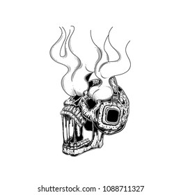Skull with headphones. Vector illustration of a skull listening to the music. Skeleton wearing headphones front view. tattoo design. line art hand draw. for poster sticker and card. life is not to die