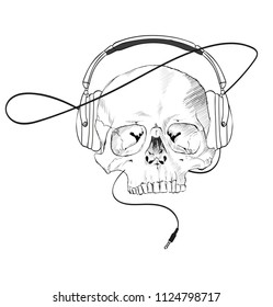 Skull with headphones.Hand Drawn Human Skull With Headphones, Sketchy Vintage Style, Vector Illustration